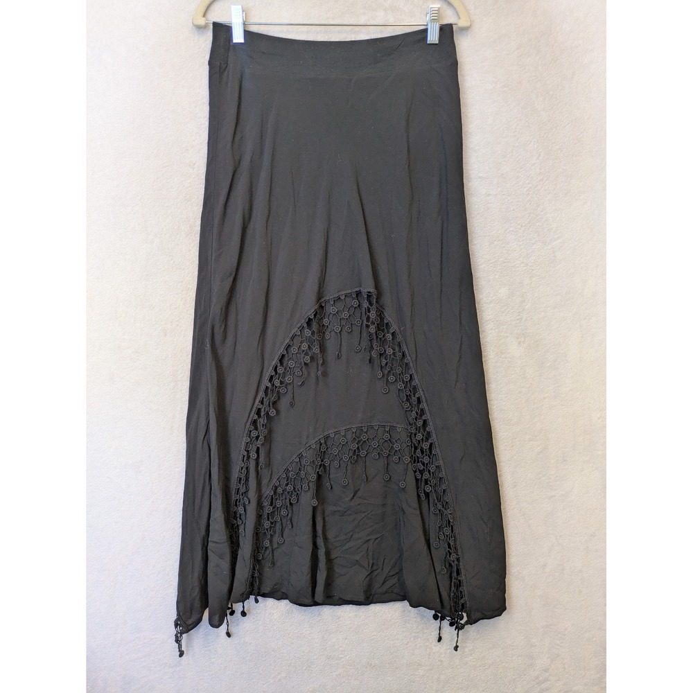 Chico's High-Low Skirt Women's 0 Small Black Crochet Trim Tassel Boho Maxi